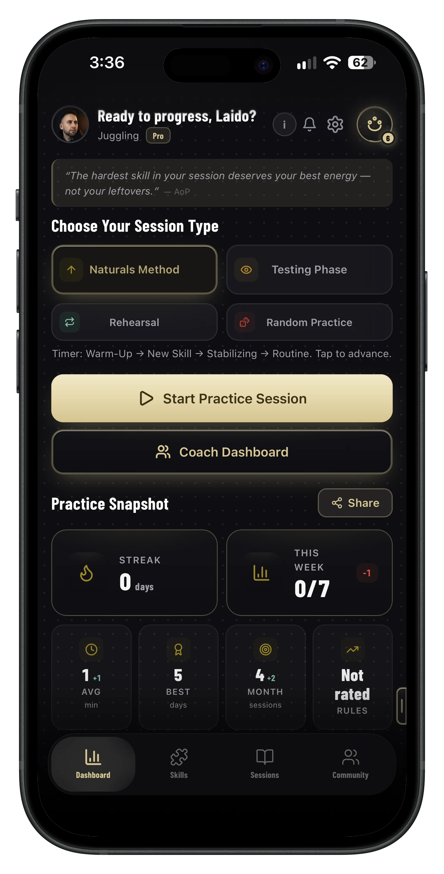 The Art of Practice app, the practice dashboard